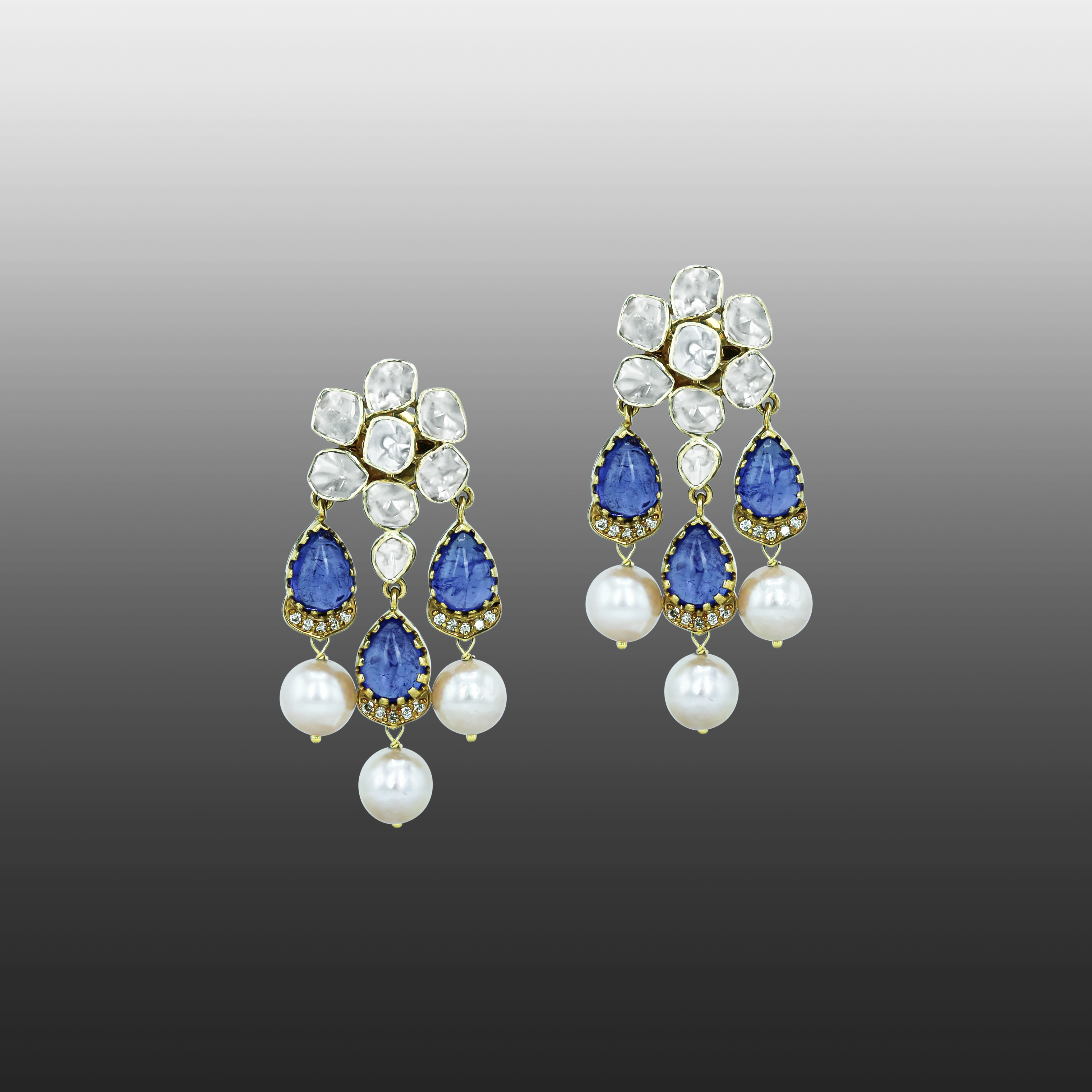 Tanzanite Necklace Set with Polki Diamonds and Pearl Drops